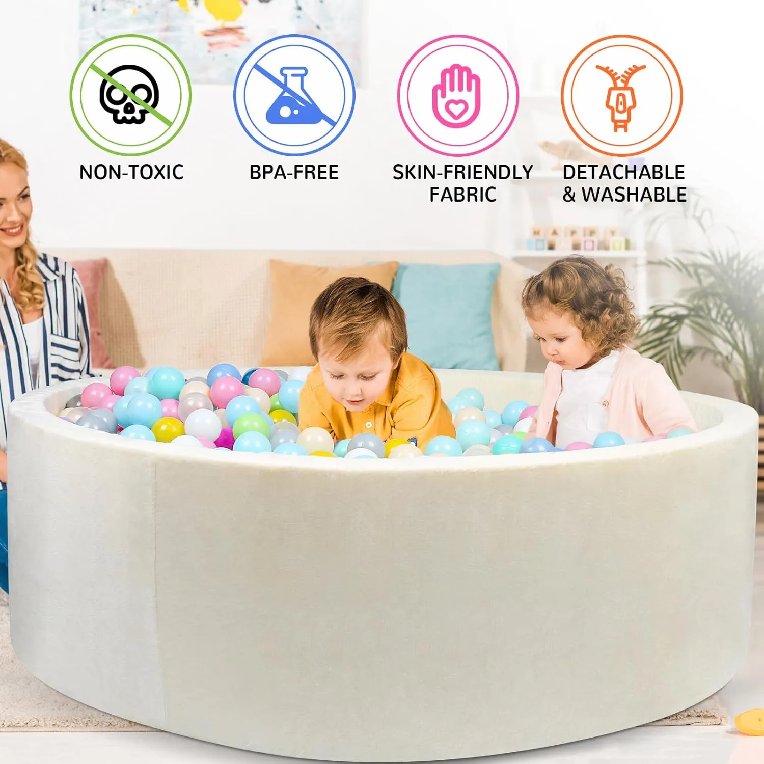 Foam Ball Pit for Toddlers - CALEPTONG 47.2"x 13.8" Extra Large Round Baby Ball Pit Without Balls, Soft Coral Fleece Kids Ball Pool Baby Playpen, Ideal Gift for Kids Indoor Outdoor Game - Cheese White