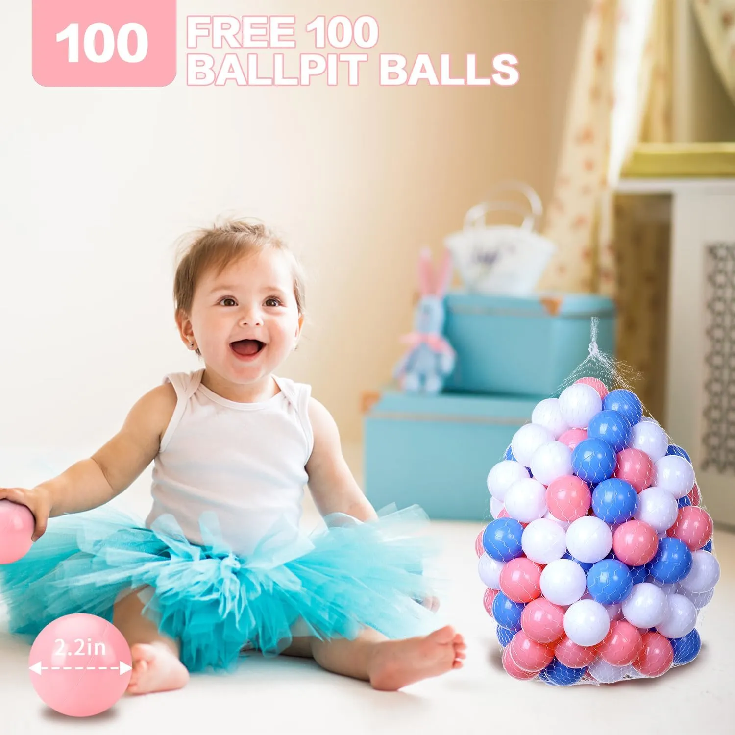 Foam Ball Pit for Toddlers with 100 Balls, Large Baby Ball Pit for Babies with Soft Memory Sponge, Indoor Outdoor Baby Playpen, Kids Play Ball Pool (Pink with 100 Balls, 34 x 11.5 Inch)