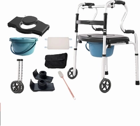 Folding Bathroom Mobility and aid Commode Walker seat with Wheels and Storage Bag/Sit Board 8 Gears Height Adjustable for Elderly Disabled Double The Comfort Lofty Ambition Thoughtful