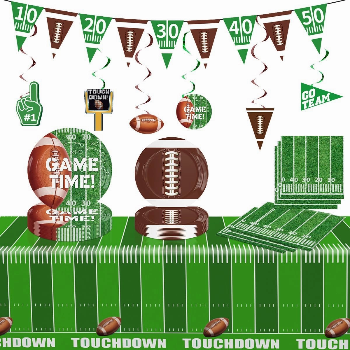 Football Party Supplies Set Includes flags, 7''Plates, 9''Plates, Napkins, Tablecloths, Hanging Swirls for Boys Sports Theme Decorations, Football Gameday Tailgate Party Decorations