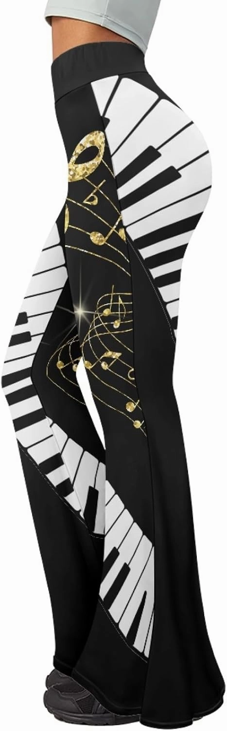 Forchrinse Music Piano Flared Pants for Women Wide Leg Pants Stretchy Yoga Leggings Bootcut Causal Pazallo Pants,XS-2XL