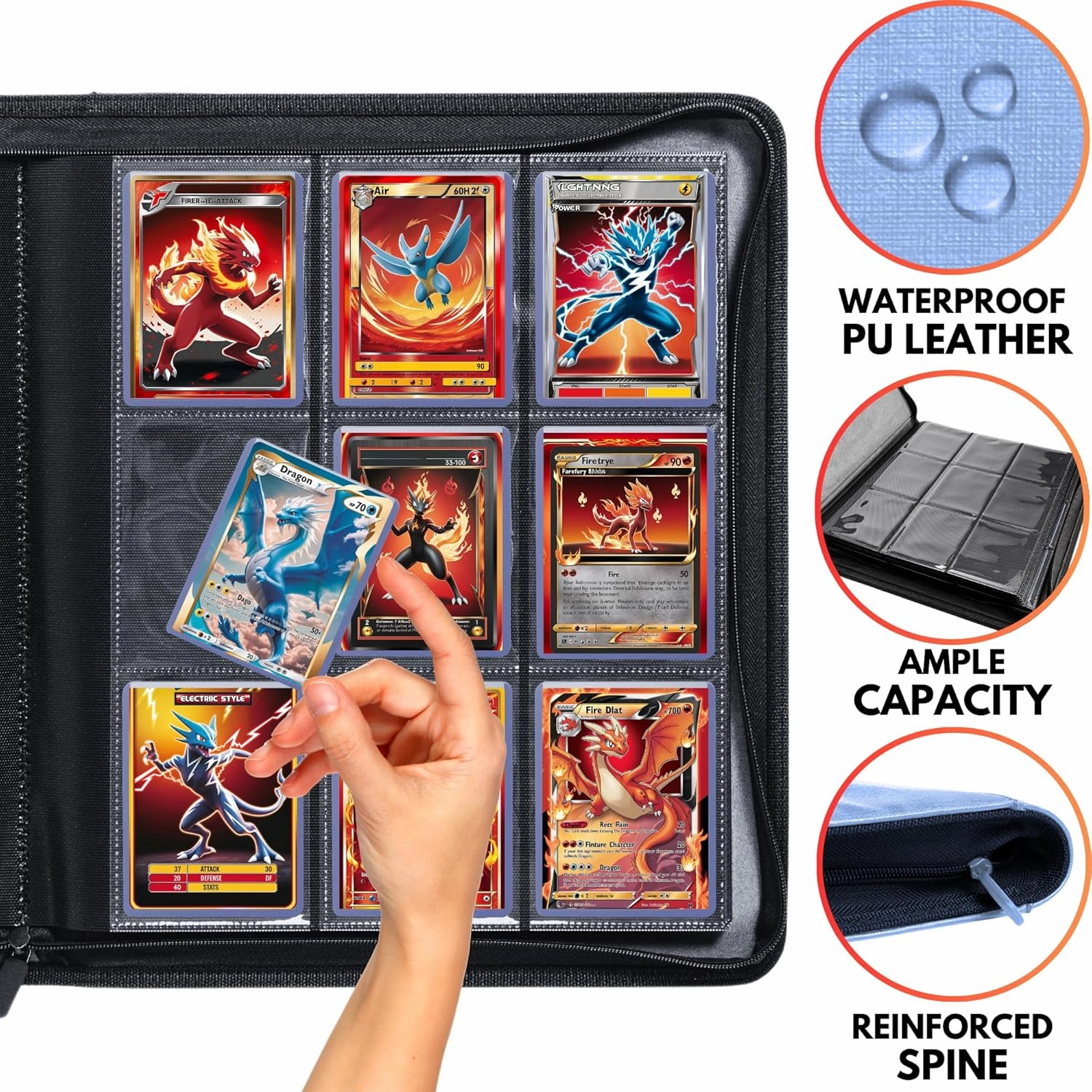 FORZAROCKET Toploader Binder, Holds 252 Cards in Toploaders, 8 INCLUDED, Waterproof PU Leather, Ringless Double-Sided Pages, Archival Safe Pockets, Pleasurable Inner Lining (9 pocket, Sky Blue)