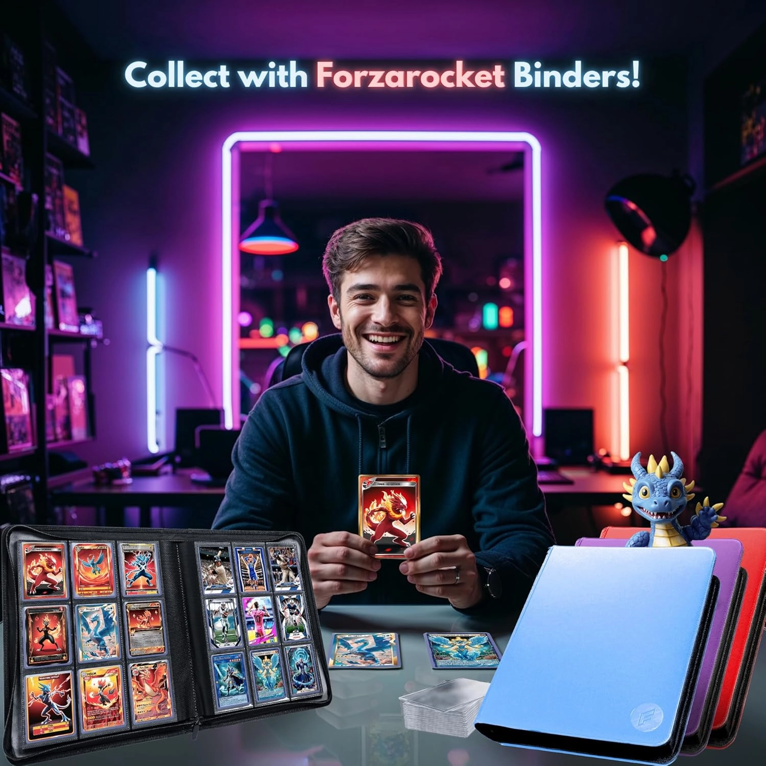 FORZAROCKET Toploader Binder, Holds 252 Cards in Toploaders, 8 INCLUDED, Waterproof PU Leather, Ringless Double-Sided Pages, Archival Safe Pockets, Pleasurable Inner Lining (9 pocket, Sky Blue)