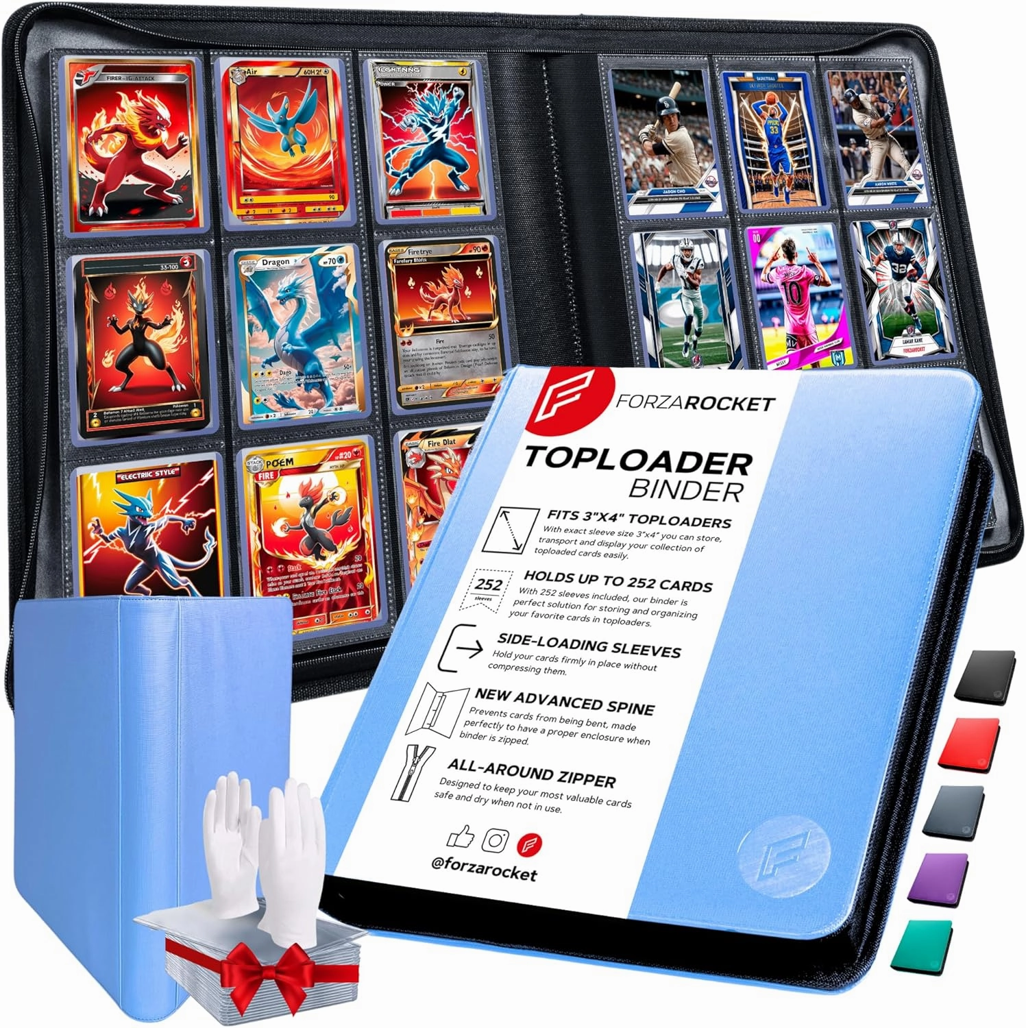 FORZAROCKET Toploader Binder, Holds 252 Cards in Toploaders, 8 INCLUDED, Waterproof PU Leather, Ringless Double-Sided Pages, Archival Safe Pockets, Pleasurable Inner Lining (9 pocket, Sky Blue)