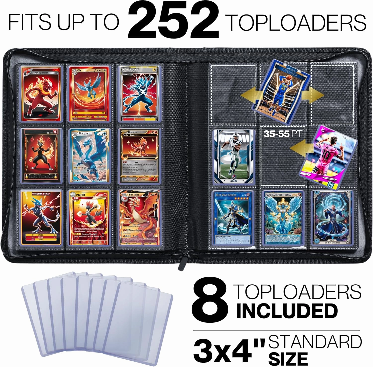 FORZAROCKET Toploader Binder, Holds 252 Cards in Toploaders, 8 INCLUDED, Waterproof PU Leather, Ringless Double-Sided Pages, Archival Safe Pockets, Pleasurable Inner Lining (9 pocket, Sky Blue)