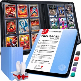 FORZAROCKET Toploader Binder, Holds 252 Cards in Toploaders, 8 INCLUDED, Waterproof PU Leather, Ringless Double-Sided Pages, Archival Safe Pockets, Pleasurable Inner Lining (9 pocket, Sky Blue)