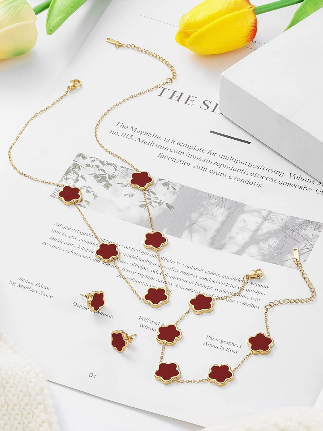Four Leaf Clover Necklace Bracelet and Stud Earrings Set for Women Lucky Flower 14K Gold Jewelry