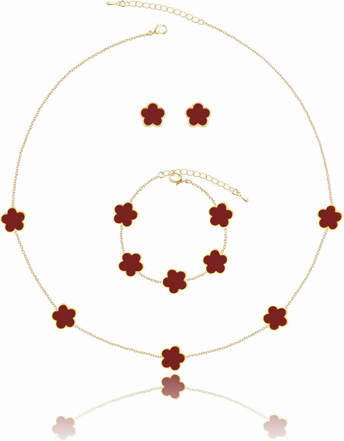 Four Leaf Clover Necklace Bracelet and Stud Earrings Set for Women Lucky Flower 14K Gold Jewelry