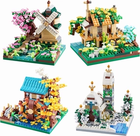 Four Seasons Flower House Plant Series 4 Miniature Building Blocks Set, Creative Tree House Flower and Plant Model DIY Gifts for Girls, Kids and Adults