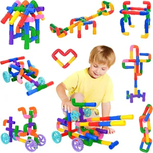 FUBAODA STEM Learning Pipe Tube Toys, Tube Locks Construction Building Blocks 96 Pcs - Multicolor Educational Building Blocks Set with Wheels& Spouts & Joints for Kids Ages 3 