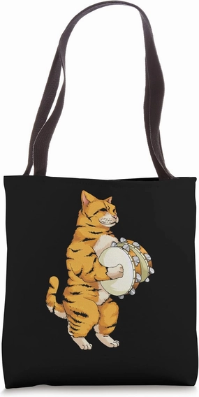 Funny Cat Playing Tambourine Gift | Cute Kitten Musician Fan Tote Bag