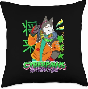 Funny cyberdog Retro futuristic kawaii paws Throw Pillow