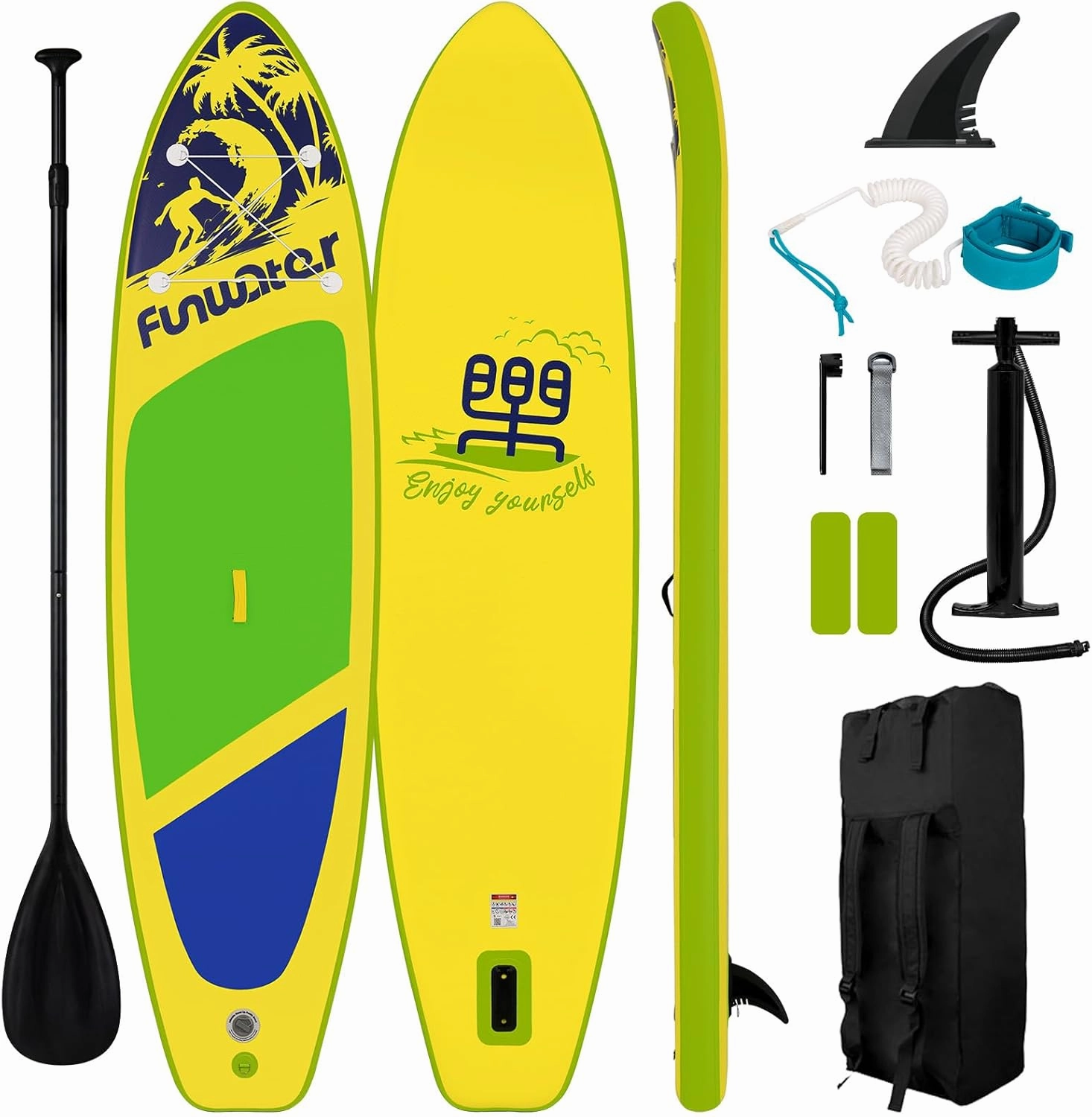 FunWater SUP Inflatable Stand Up Paddle Board Ultra-Light Inflatable Paddleboard with Accessories, Fin, Adjustable Paddle, Pump, Backpack, Leash