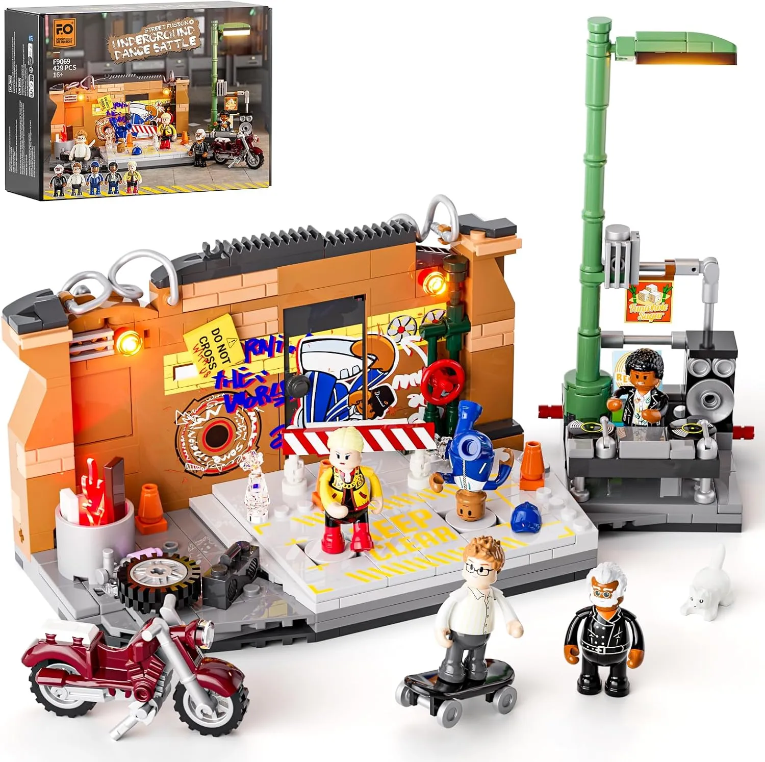 FUNWHOLE Underground Dance Battle Lighting Building Bricks Set - Street Fusion City Town Compatible with Music Club F9068 LED Light Multi-Form Modular Collection Kit 429 Pcs for Street Culture Lovers