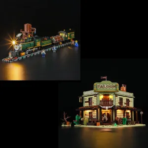 Funwhole Wild West Freight Train and Western-Saloon Lighting Building-Bricks Set