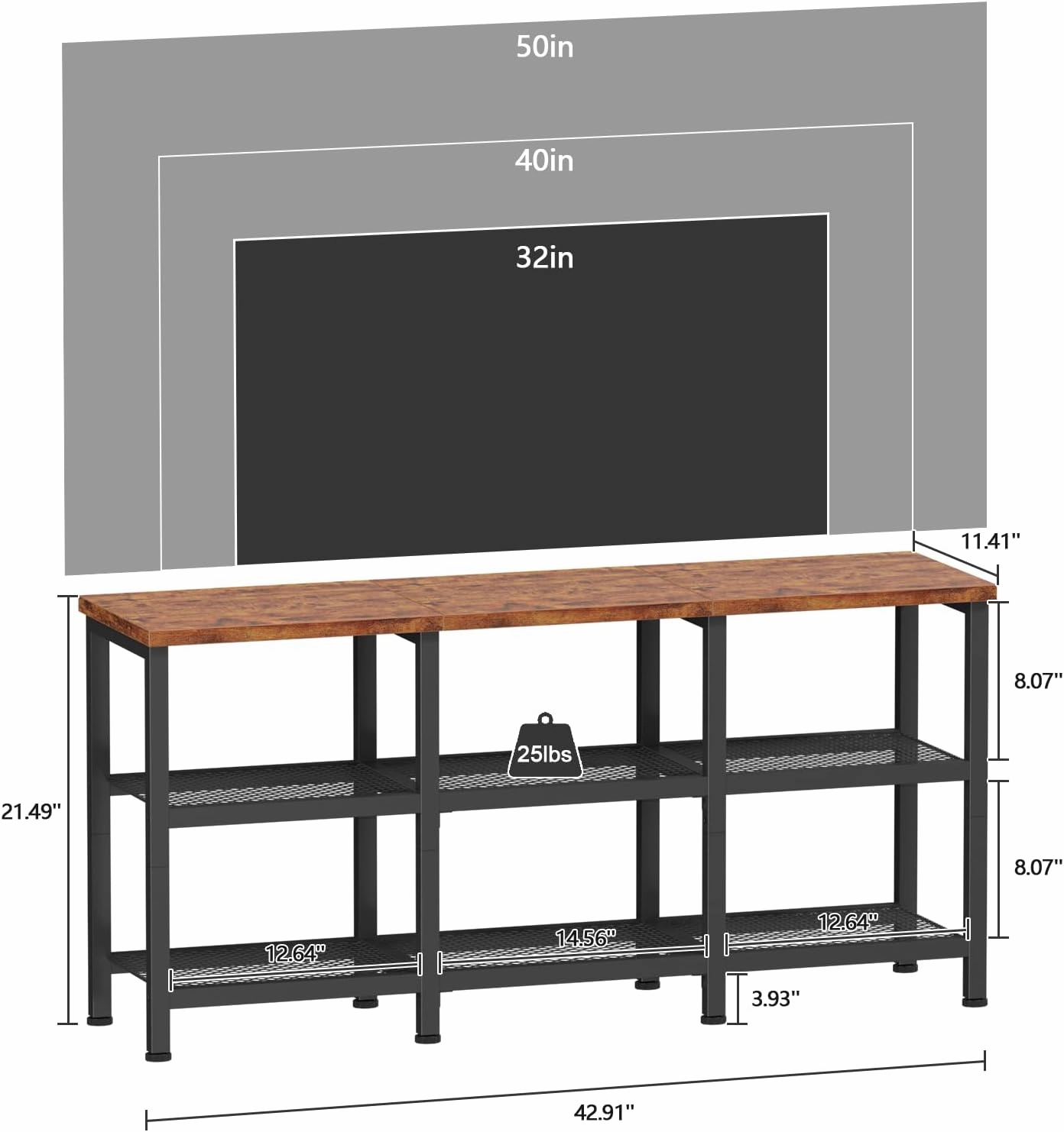 Furologee TV Stand, Small Media Console Table with 3-Tier Storage Shelves, Industrial Entertainment Center for TVs up to 50 Inch, Television Stands for Living Room, Bedroom, Rustic Brown