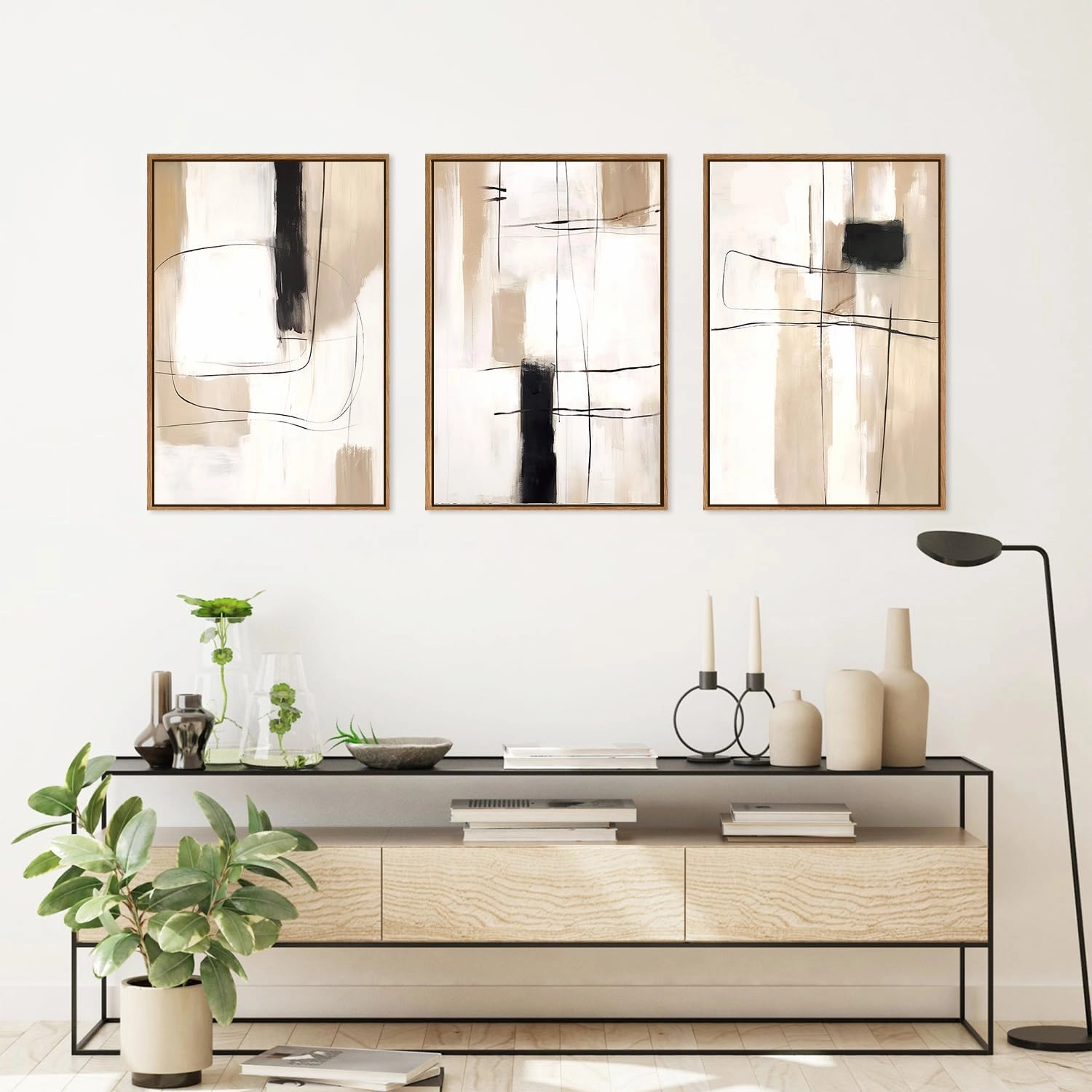 FWIEXA Modern Abstract Canvas Wall Art Set, Framed Neutral Wall Decor, Large Black White Wall Painting, Beige Cream 3 Panel 24x36 Inch Prints Artworks for Living Room, Bedroom, Dining Room, Office