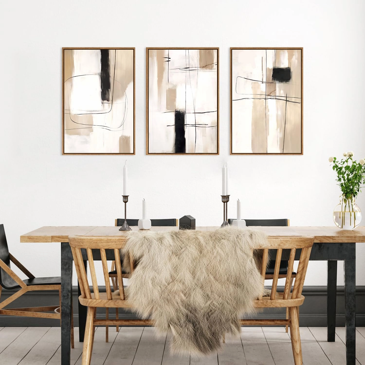 FWIEXA Modern Abstract Canvas Wall Art Set, Framed Neutral Wall Decor, Large Black White Wall Painting, Beige Cream 3 Panel 24x36 Inch Prints Artworks for Living Room, Bedroom, Dining Room, Office