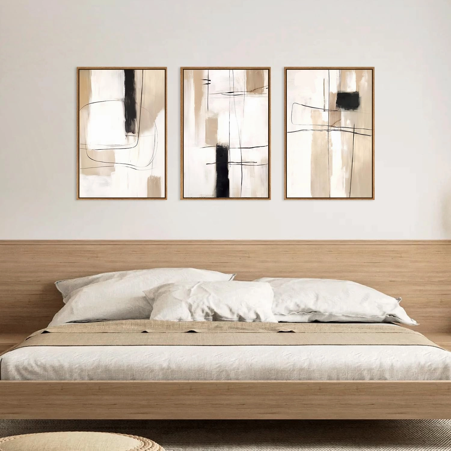 FWIEXA Modern Abstract Canvas Wall Art Set, Framed Neutral Wall Decor, Large Black White Wall Painting, Beige Cream 3 Panel 24x36 Inch Prints Artworks for Living Room, Bedroom, Dining Room, Office