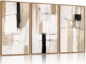FWIEXA Modern Abstract Canvas Wall Art Set, Framed Neutral Wall Decor, Large Black White Wall Painting, Beige Cream 3 Panel 24x36 Inch Prints Artworks for Living Room, Bedroom, Dining Room, Office
