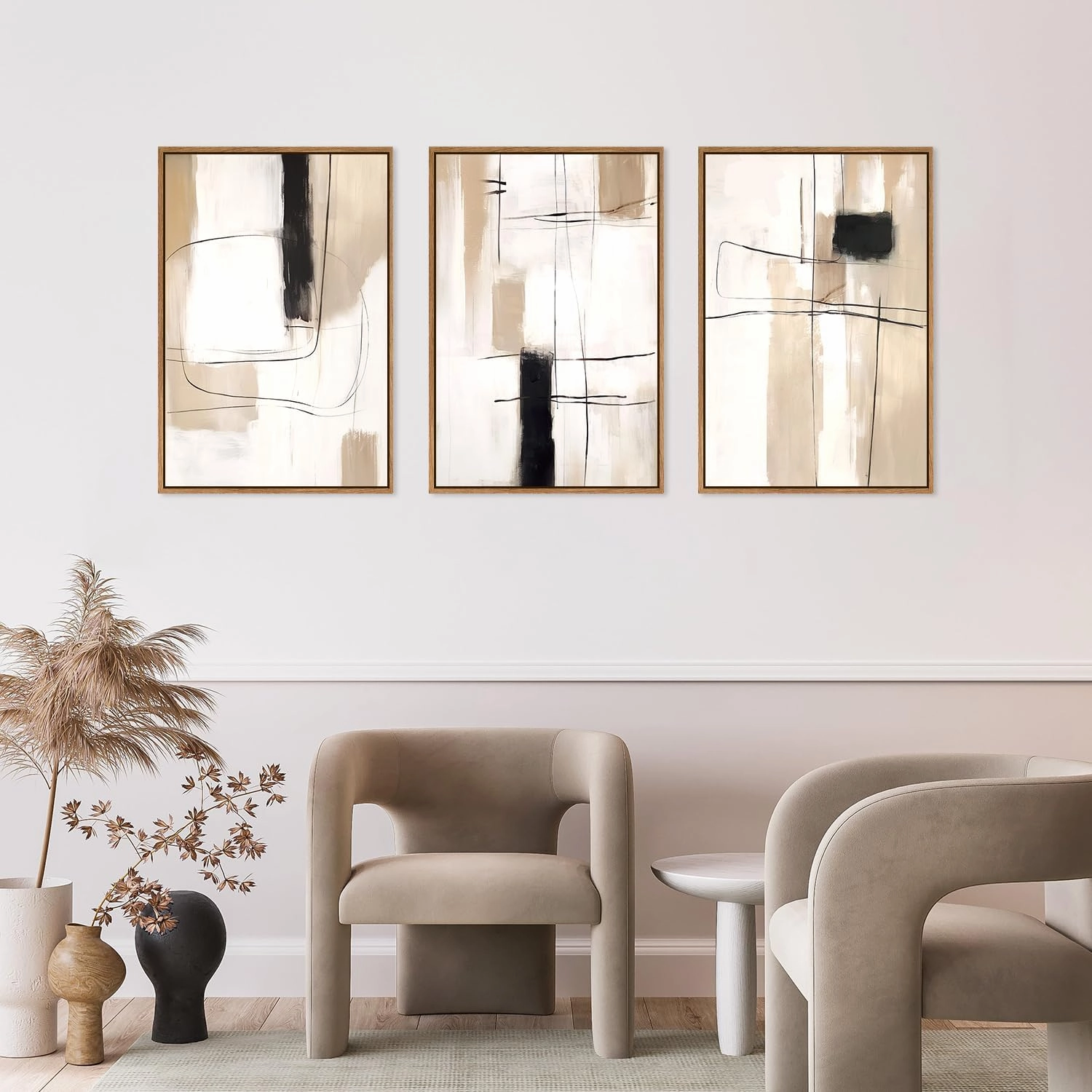 FWIEXA Modern Abstract Canvas Wall Art Set, Framed Neutral Wall Decor, Large Black White Wall Painting, Beige Cream 3 Panel 24x36 Inch Prints Artworks for Living Room, Bedroom, Dining Room, Office