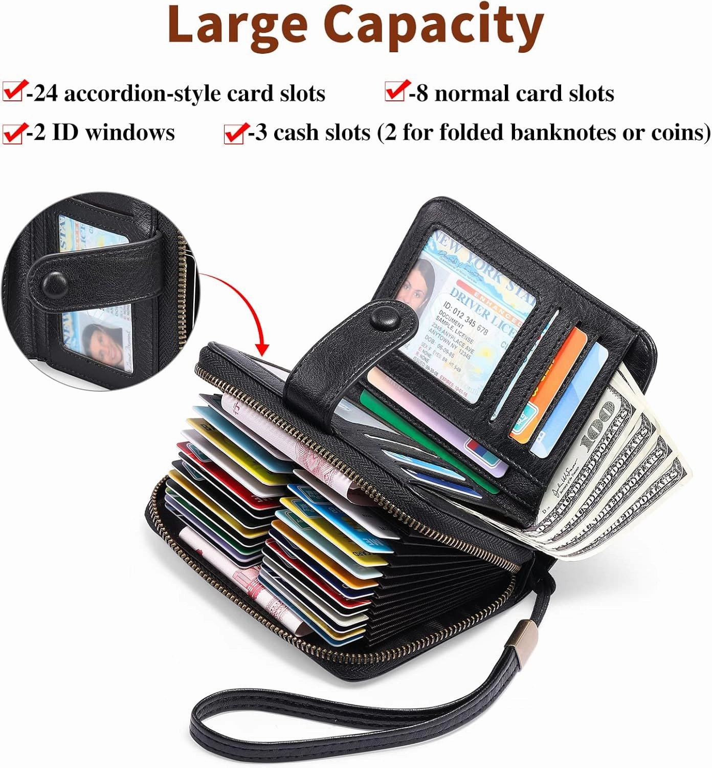 GAEKEAO Leather Credit Card Holder Wallet for Women RFID Blocking Large Capacity Bifold Zipper Card Case Organizer with Wristlet 32 Slots