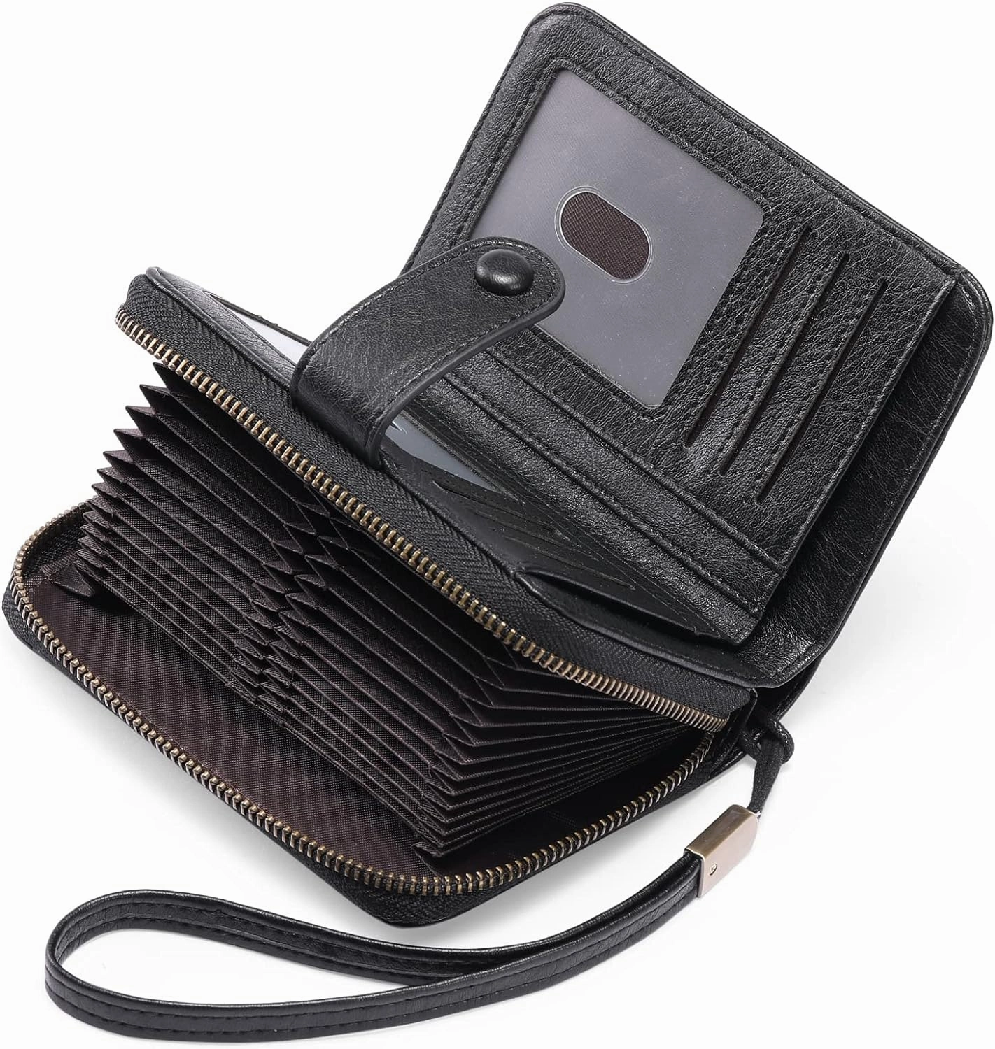 GAEKEAO Leather Credit Card Holder Wallet for Women RFID Blocking Large Capacity Bifold Zipper Card Case Organizer with Wristlet 32 Slots