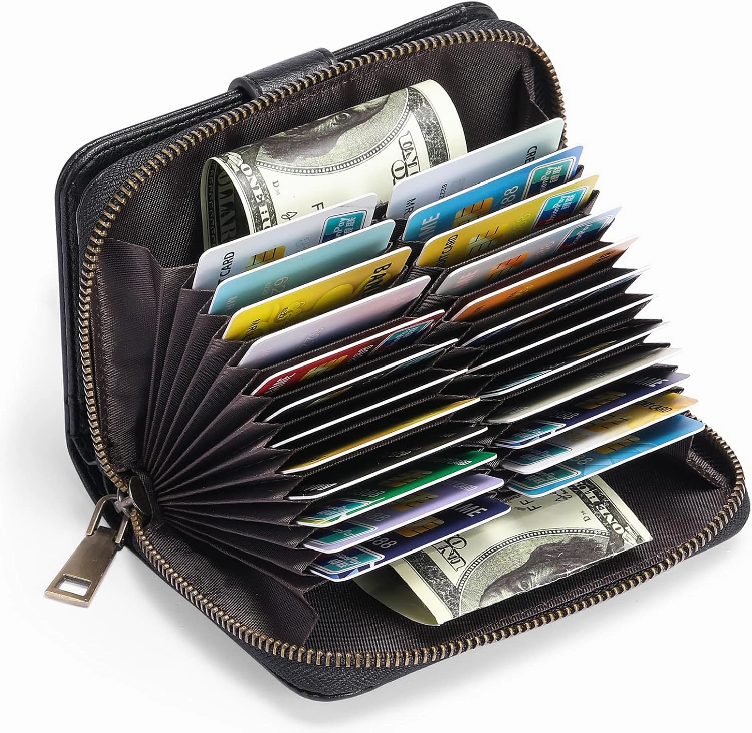 GAEKEAO Leather Credit Card Holder Wallet for Women RFID Blocking Large Capacity Bifold Zipper Card Case Organizer with Wristlet 32 Slots