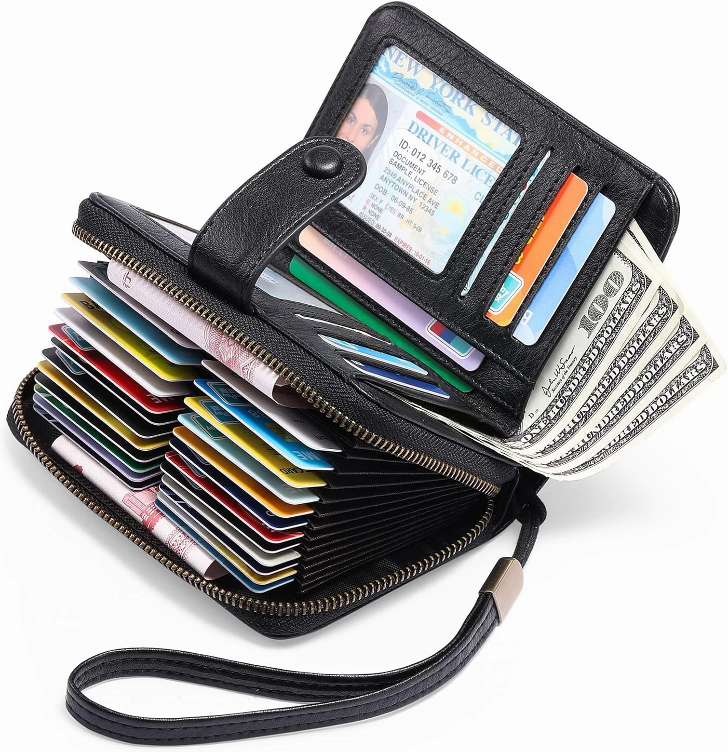 GAEKEAO Leather Credit Card Holder Wallet for Women RFID Blocking Large Capacity Bifold Zipper Card Case Organizer with Wristlet 32 Slots