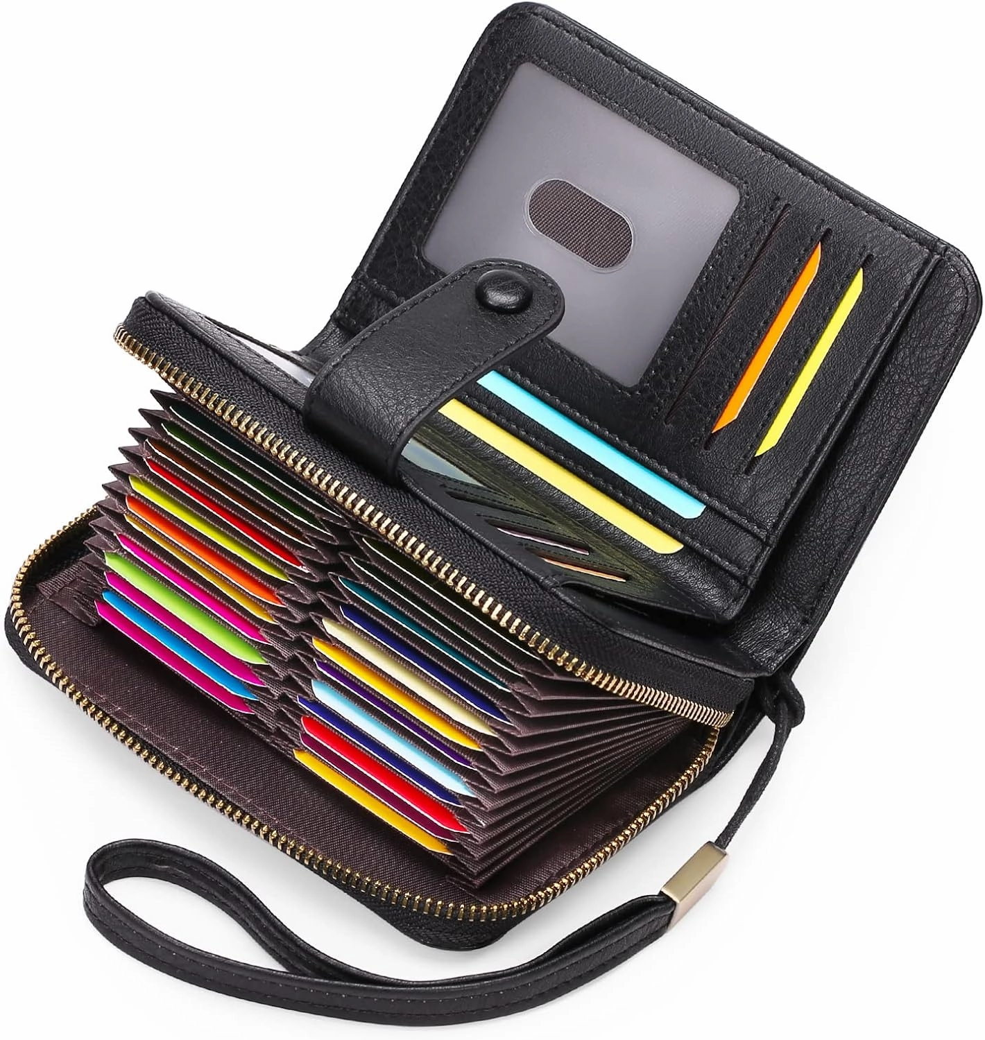 GAEKEAO Leather Credit Card Holder Wallet for Women RFID Blocking Large Capacity Bifold Zipper Card Case Organizer with Wristlet 32 Slots