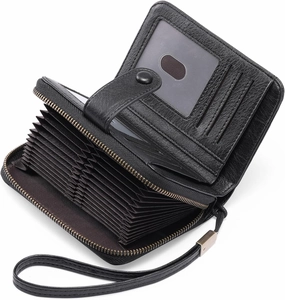 GAEKEAO Leather Credit Card Holder Wallet for Women RFID Blocking Large Capacity Bifold Zipper Card Case Organizer with Wristlet 32 Slots