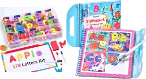 Gamenote Classroom Magnetic Alphabet Letters Kit JoyCat Water Reveal Alphabet Coloring Book for Toddlers 3-5, Reusable 14 Activity Pages with Water Pen for No-Mess Drawing, Preschool Alphabet Learning
