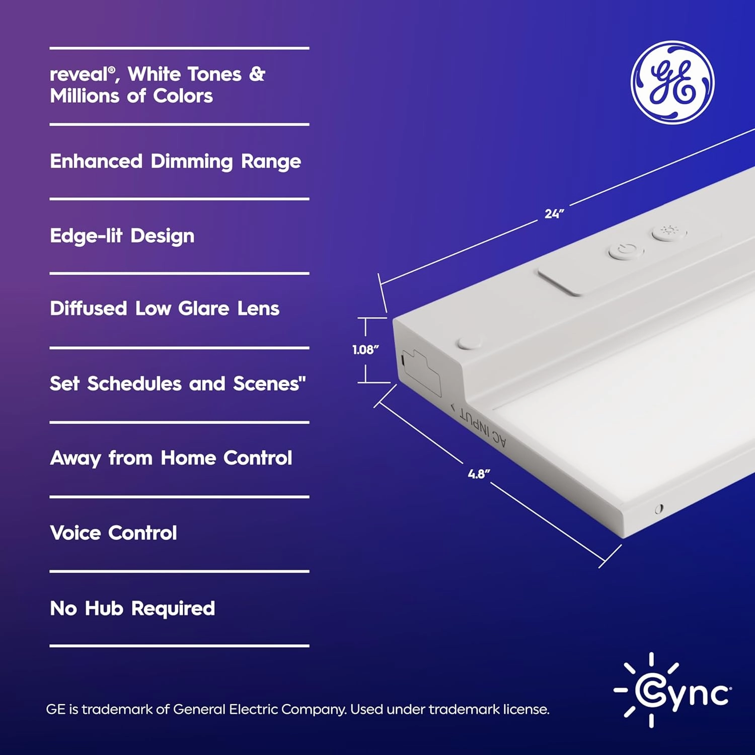 GE Cync Reveal HD  Smart Undercabinet Light Fixture, 24-in Bar, Color Changing, Wi-Fi, Alexa, Google Home Compatible, Kitchen, White, 1500 Lumen