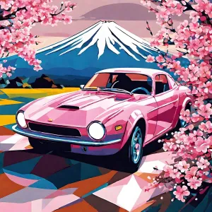 Generic Cherry Blossom Race Car Near Mount Fuji (2) - Van-Go Paint-by-Number Kit 50x50cm no Frame