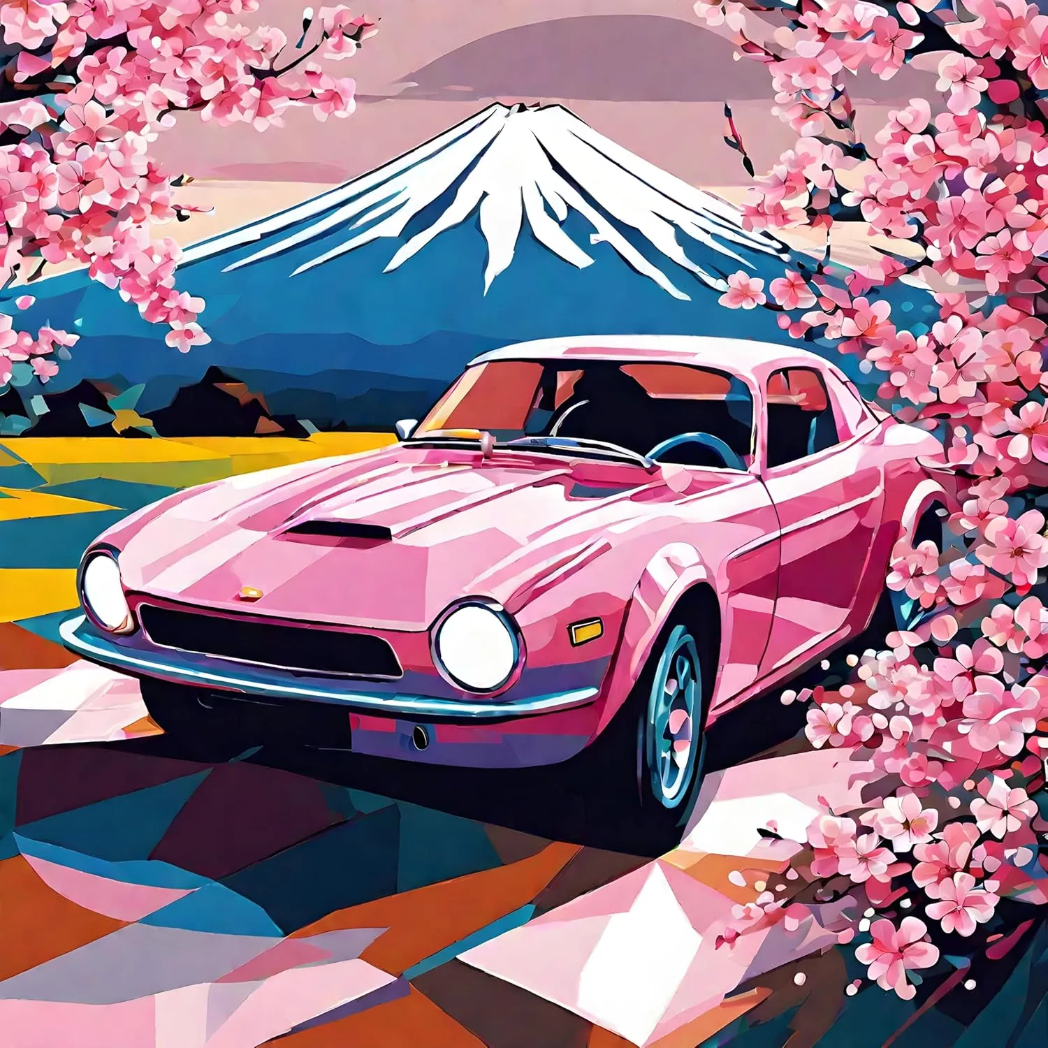 Generic Cherry Blossom Race Car Near Mount Fuji (2) - Van-Go Paint-by-Number Kit 50x50cm no Frame