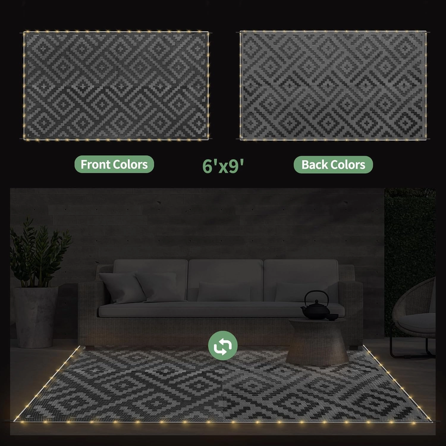 GENIMO Outdoor Rug with LED Strip Lights, 6'x9' Waterproof Camping Mat, Reversible Plastic Straw Rugs for Patio, RV, Camper, Balcony, Backyard, Picnic, Deck, Black & Gray