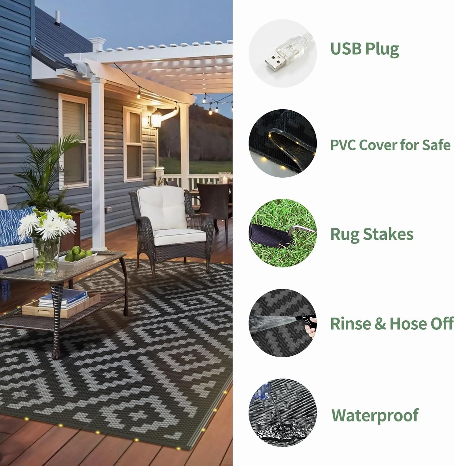 GENIMO Outdoor Rug with LED Strip Lights, 6'x9' Waterproof Camping Mat, Reversible Plastic Straw Rugs for Patio, RV, Camper, Balcony, Backyard, Picnic, Deck, Black & Gray