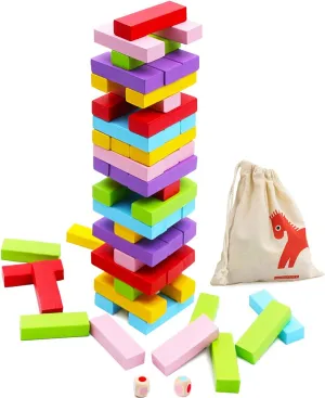 Gentle Monster Wooden Colorful Stacking Board Games Builing Blocks for Kids Boys Girls, 54 Pcs Wood Balancing Blocks Montessori Toy Gift for Kids, Classic Game for Party with Storage Bag