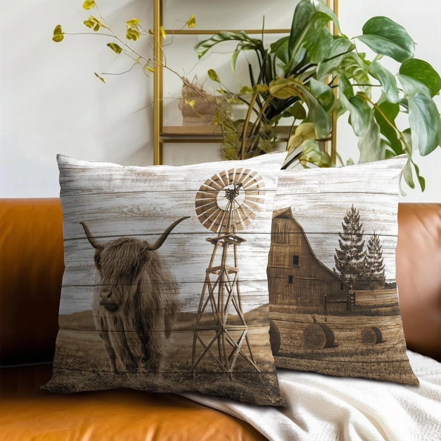 Giwawa Highland Cow Throw Pillow Covers 18X18 Inch Set of 2 Rustic Barn Decorative Square Cushion Case for Couch Sofa Bed Bedroom Living Room