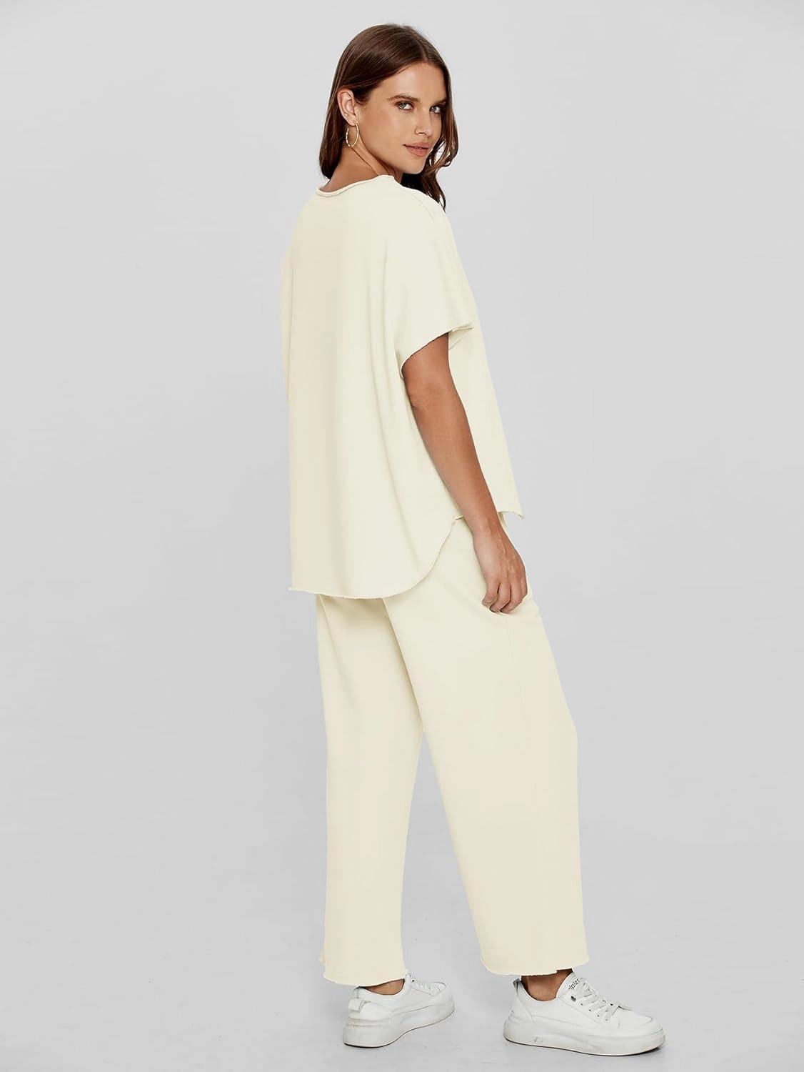Glamaker Women's Two Piece Travel Lounge Outfits Matching Sets Crew Neck Pullover Tops Wide Leg Pants Airplane Outfits