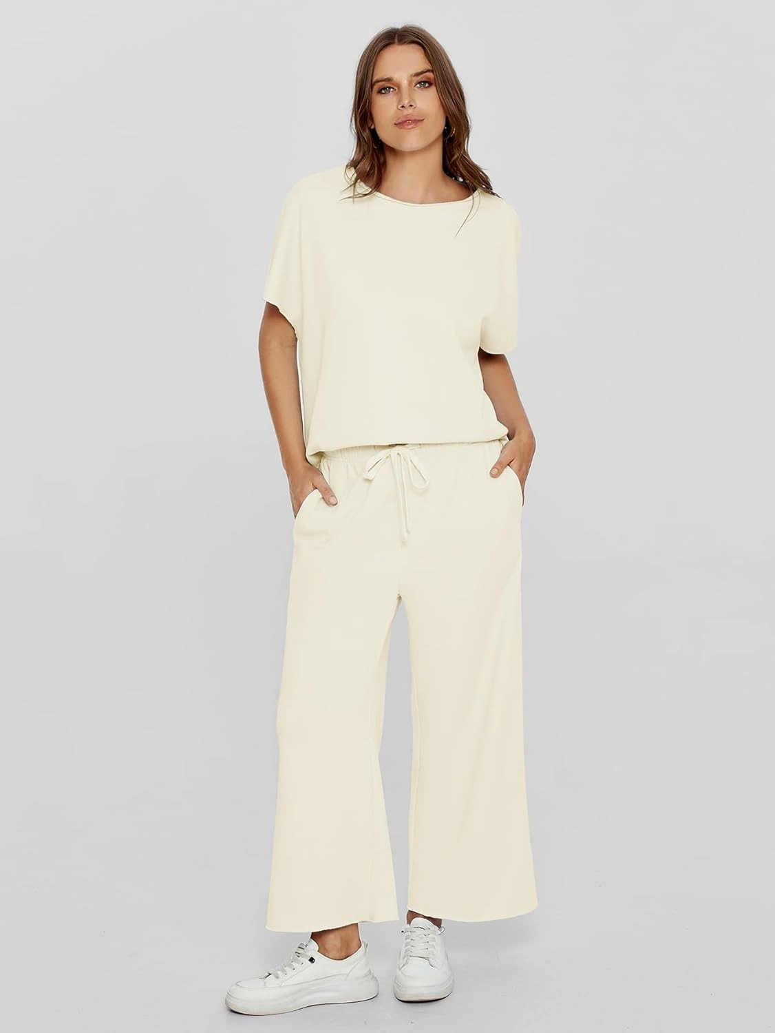 Glamaker Women's Two Piece Travel Lounge Outfits Matching Sets Crew Neck Pullover Tops Wide Leg Pants Airplane Outfits
