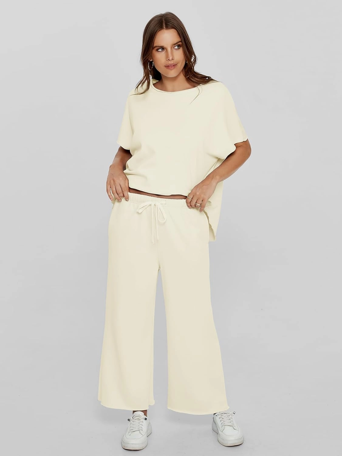 Glamaker Women's Two Piece Travel Lounge Outfits Matching Sets Crew Neck Pullover Tops Wide Leg Pants Airplane Outfits