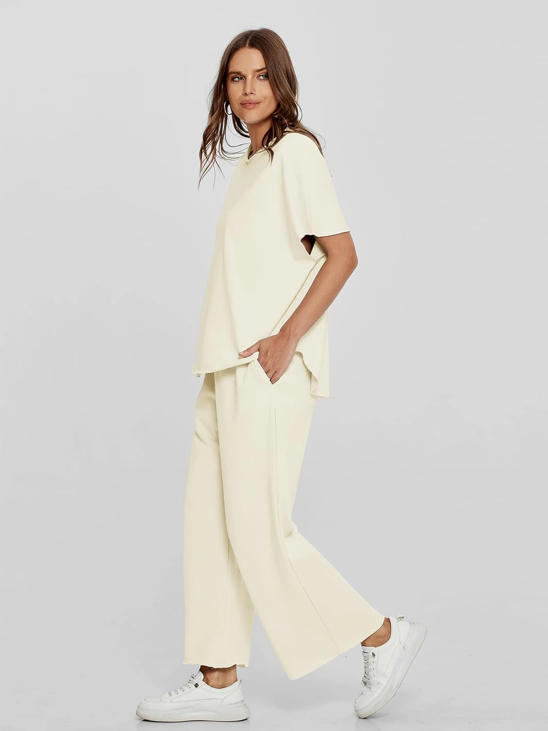 Glamaker Women's Two Piece Travel Lounge Outfits Matching Sets Crew Neck Pullover Tops Wide Leg Pants Airplane Outfits