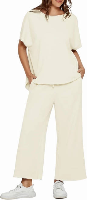 Glamaker Women's Two Piece Travel Lounge Outfits Matching Sets Crew Neck Pullover Tops Wide Leg Pants Airplane Outfits