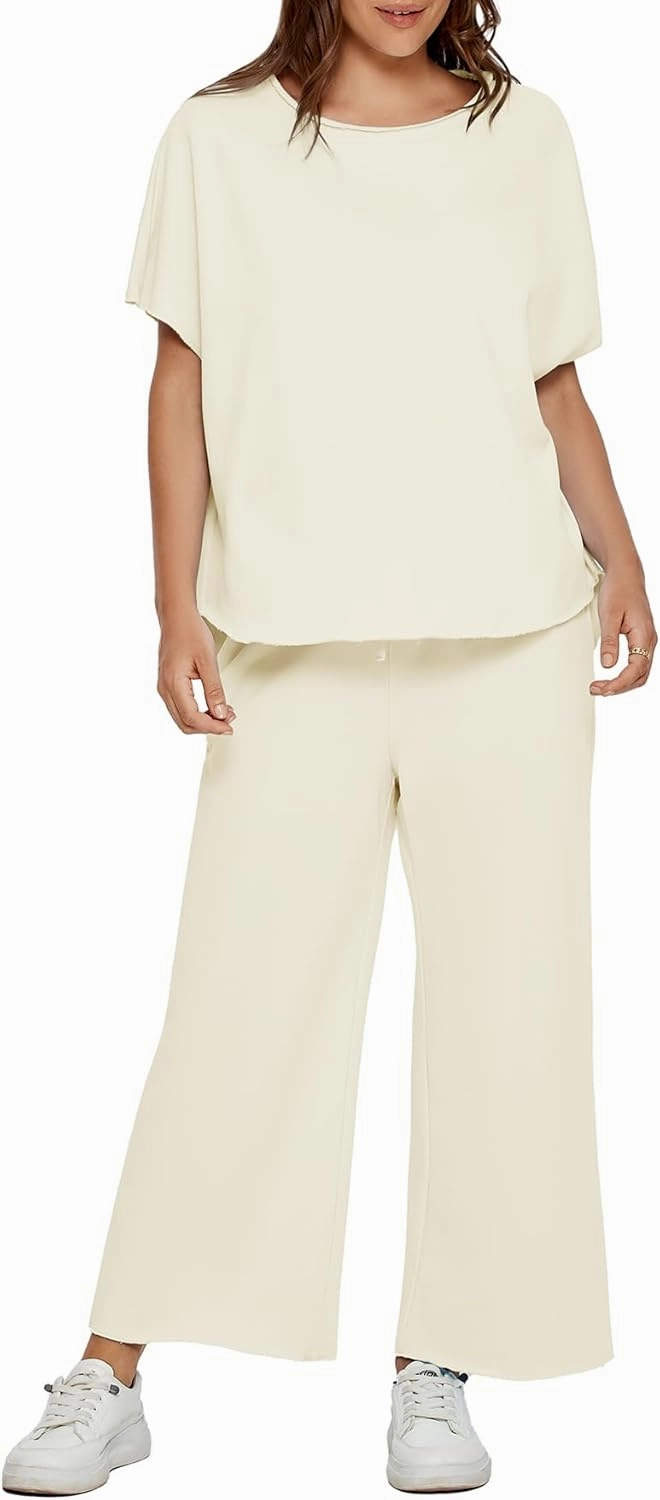 Glamaker Women's Two Piece Travel Lounge Outfits Matching Sets Crew Neck Pullover Tops Wide Leg Pants Airplane Outfits