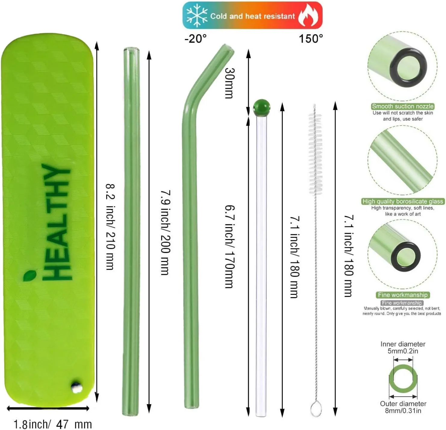 Glass Straws Drinking Reusable | Protective Case Muddler Stick 8 inch x 8 mm Tea Cocktail Iced Coffee and Hot Beverages | Cleaning Brush | Dishwasher Safe | Camping Picnic Outdoor or Daily Use