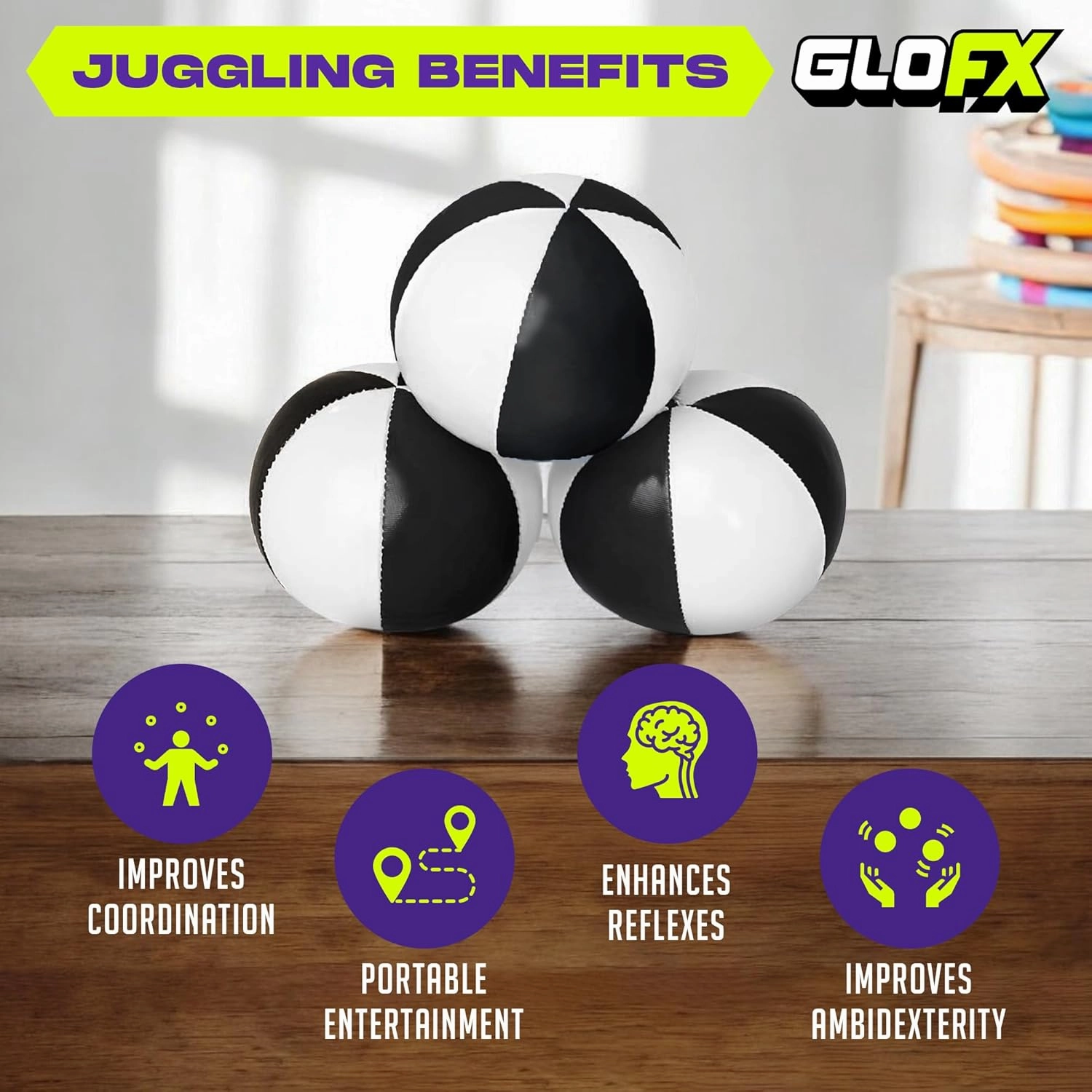 GloFX Juggling Balls [Pack of 3] for Beginners to Advanced Jugglers - No Bounce Design - Durable Weighted Juggle Ball Kit - 2 Layer Construction - Soft and Easy Juggling Kit - Black & White