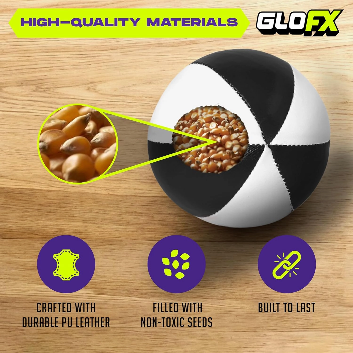 GloFX Juggling Balls [Pack of 3] for Beginners to Advanced Jugglers - No Bounce Design - Durable Weighted Juggle Ball Kit - 2 Layer Construction - Soft and Easy Juggling Kit - Black & White