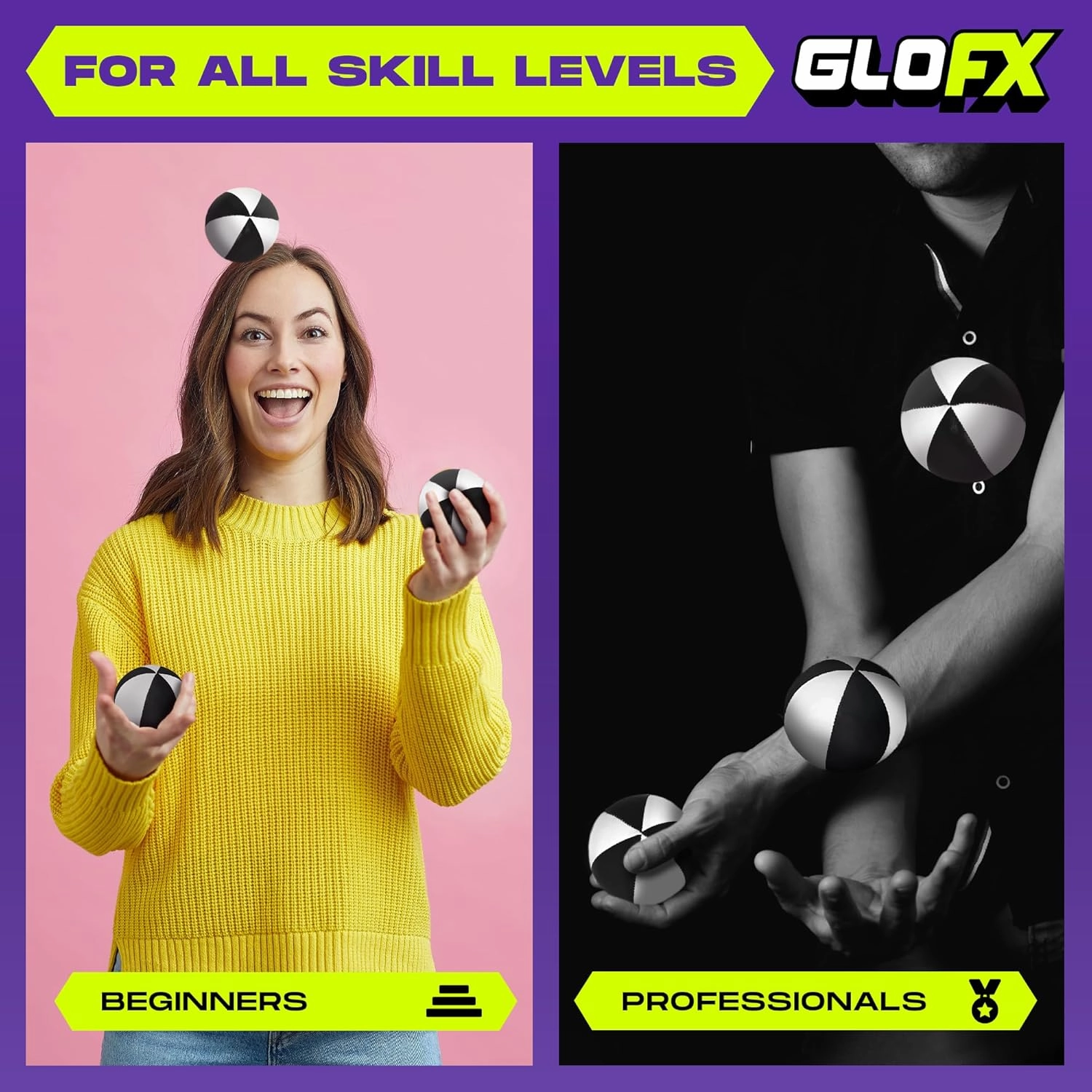 GloFX Juggling Balls [Pack of 3] for Beginners to Advanced Jugglers - No Bounce Design - Durable Weighted Juggle Ball Kit - 2 Layer Construction - Soft and Easy Juggling Kit - Black & White