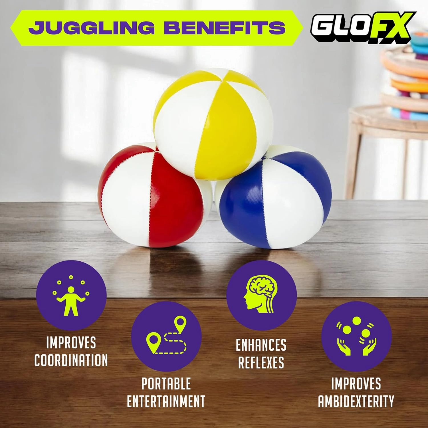 GloFX Juggling Balls [Pack of 3] for Beginners to Advanced Jugglers - No Bounce Design - Durable Weighted Juggle Ball Kit - 2 Layer Construction - Soft and Easy Juggling Kit - Mixed Colors